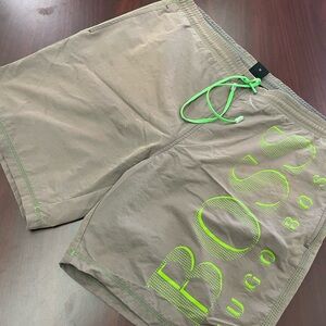 BOSS Men's Tan Shorts with Green Accents